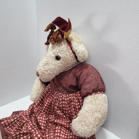 Fuzzy Dog Large Cream Colored Stuffed Plush Red Checkered Plaid Dress with Bows - Picture 4 of 9